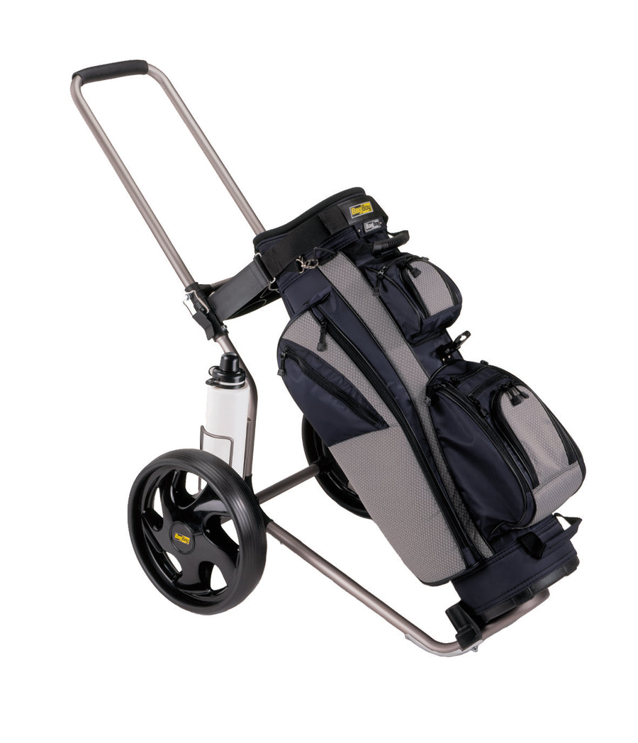 Bag Boy Rental Dual Tube with bag mounted, showing foldable frame