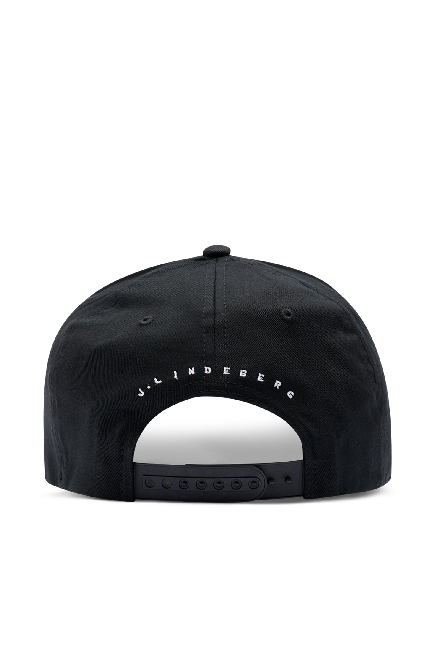 J.Lindeberg Heath Cap Black – side and back branding detail showing 3D Bridge logo and J.LINDEBERG lettering