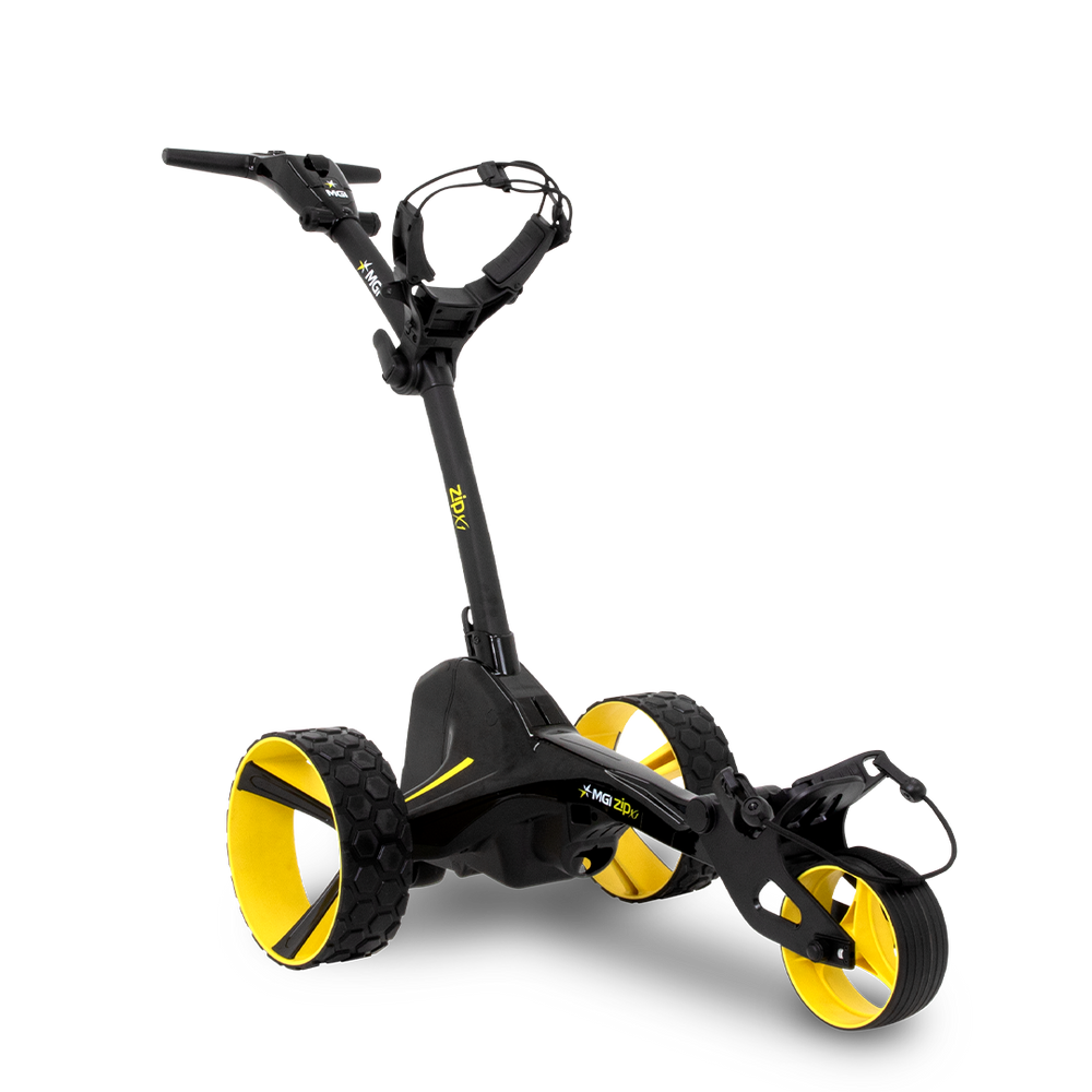 MGI Zip X1 electric golf trolley – front view showing motor and digital electronics