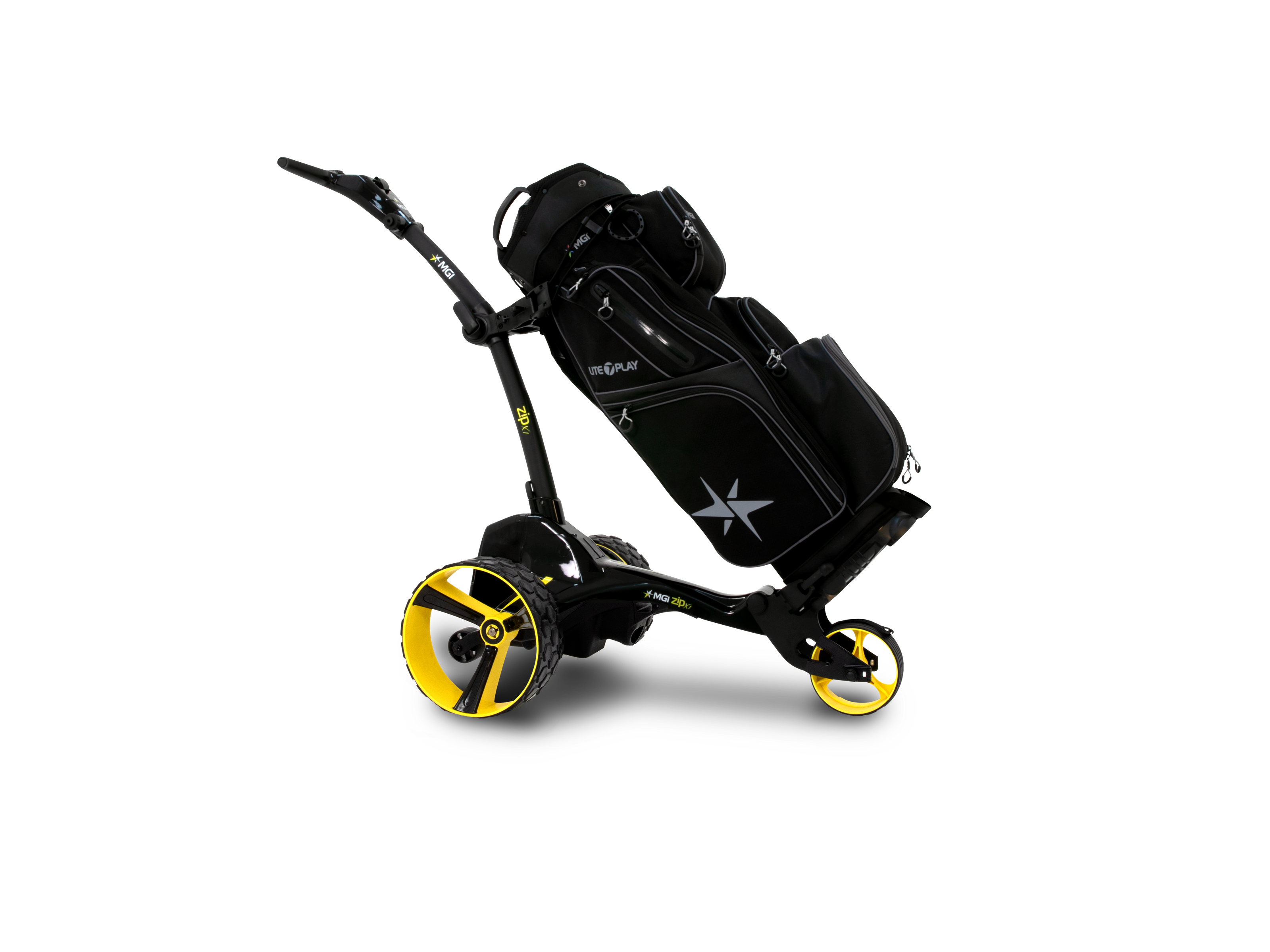 MGI Zip X1 with cart bag mounted – ergonomic T-bar handle and GPS holder
