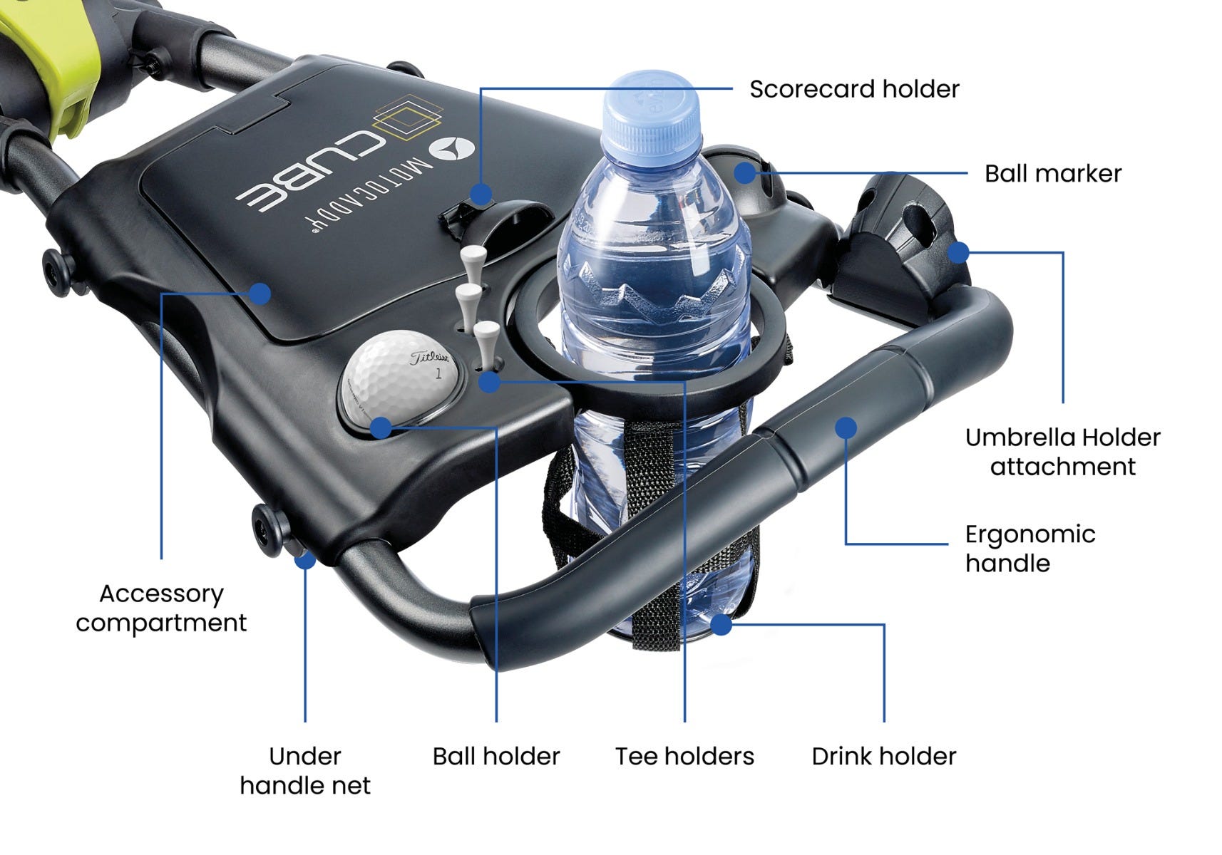 Motocaddy CUBE ergonomic handle and integrated storage detail