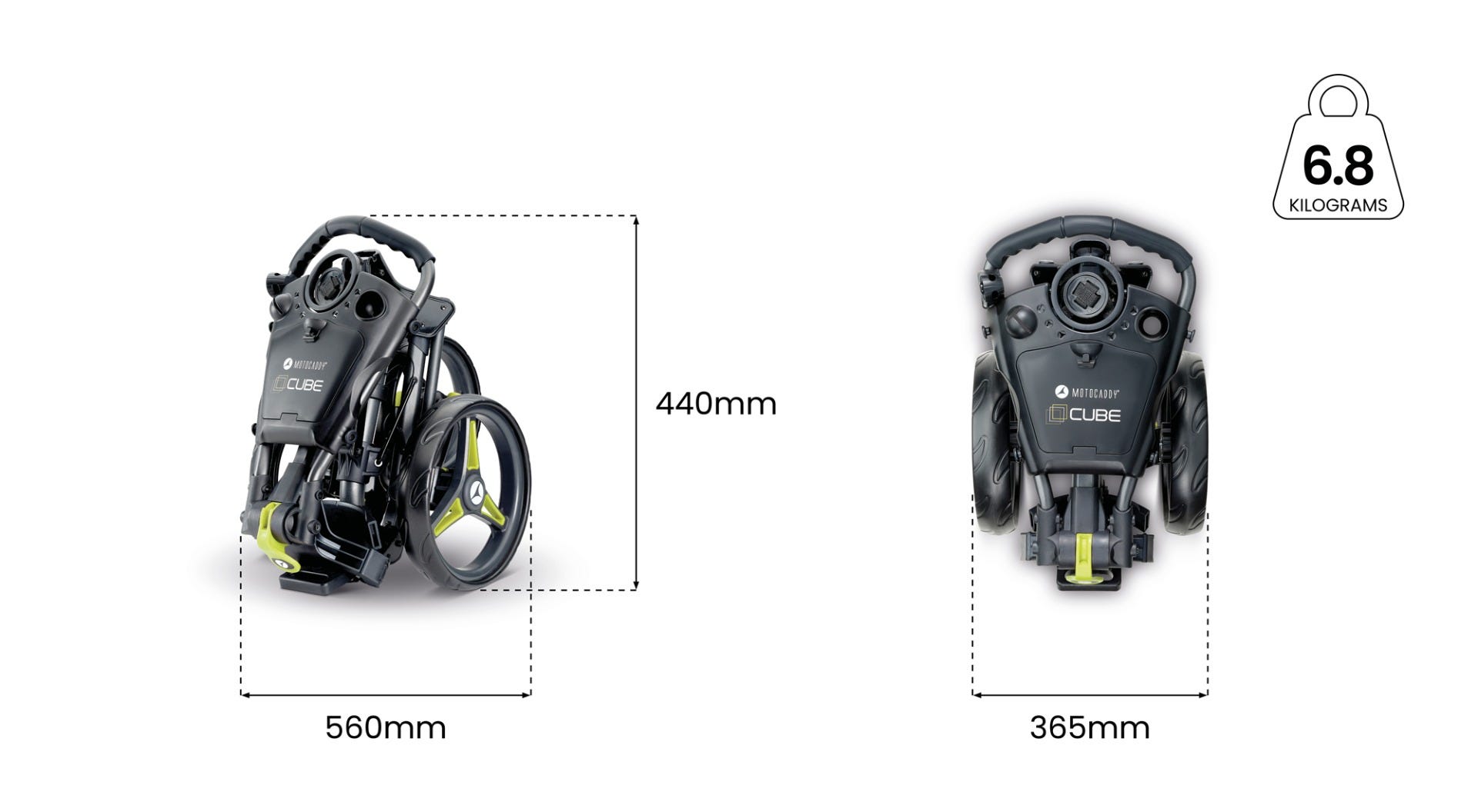 Motocaddy CUBE specifications, wheels and dimensions diagram