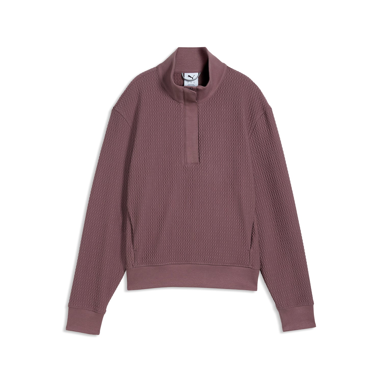Puma Boulder Ladies 1/4 Zip sweatshirt in Rich Cocoa – front view showing waffle fabric texture and stand-up collar