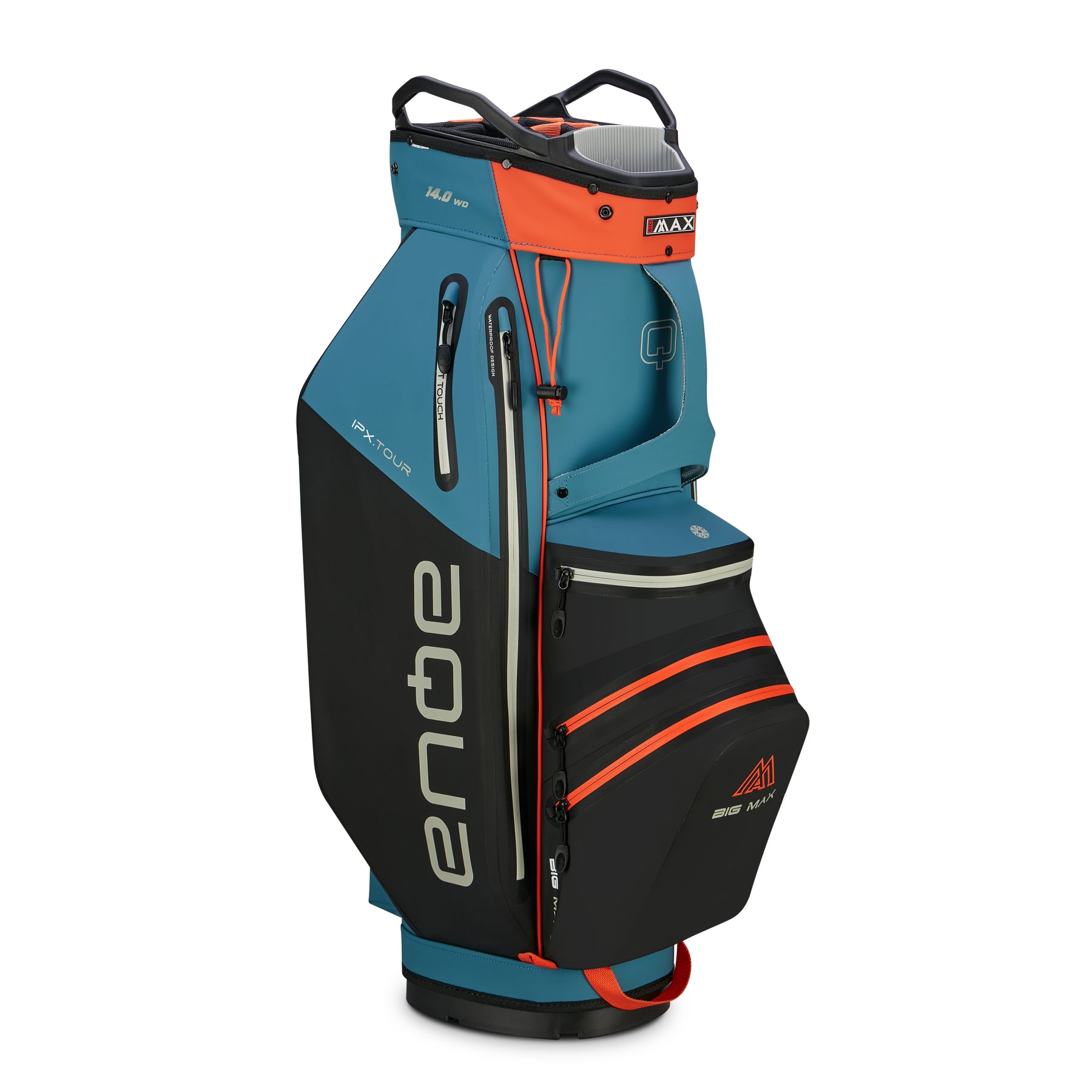 Big Max AQUA IPX.Tour cart bag left side showing 14-way organizer top and pockets