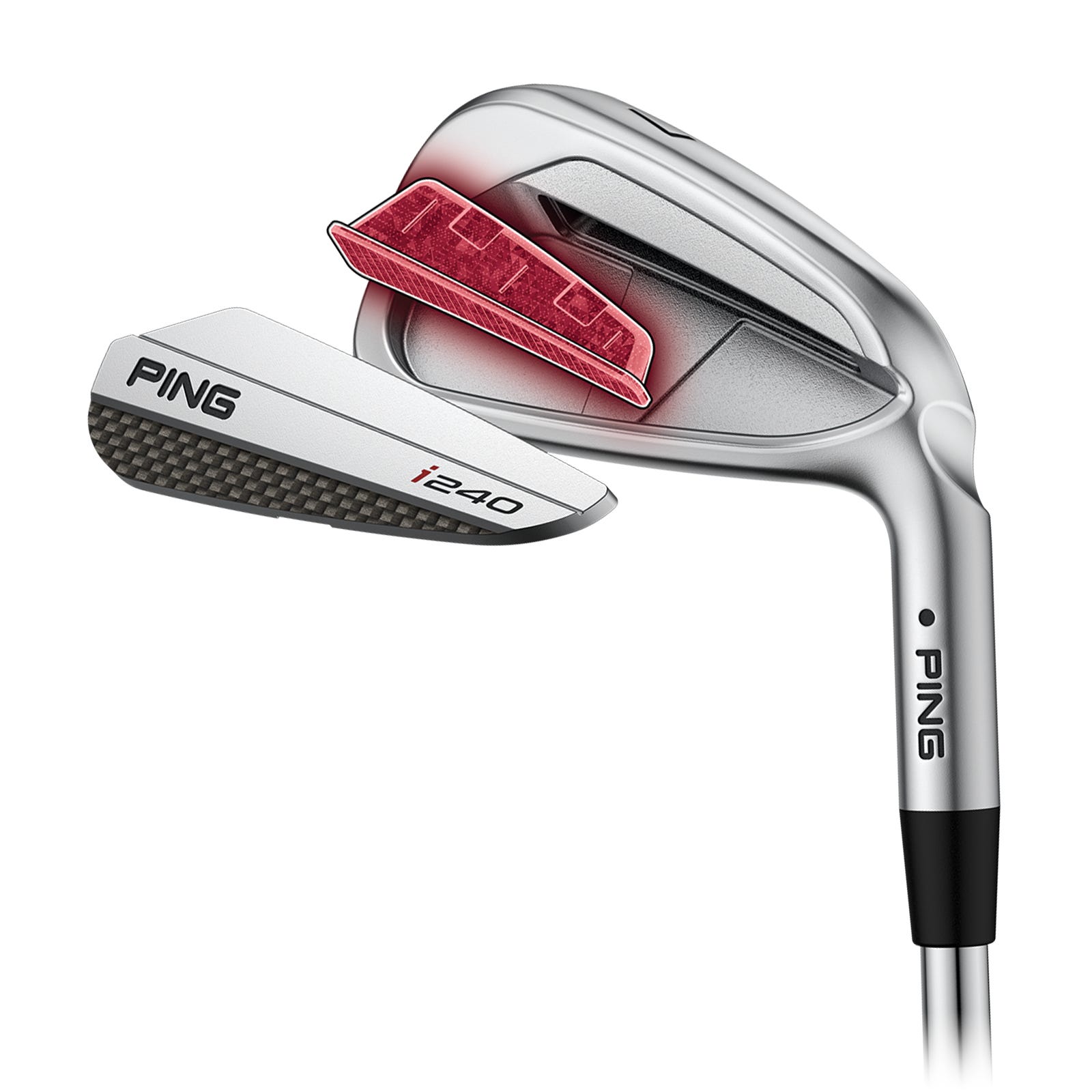 Exploded illustration highlighting the custom tuning port on the PING i240 iron