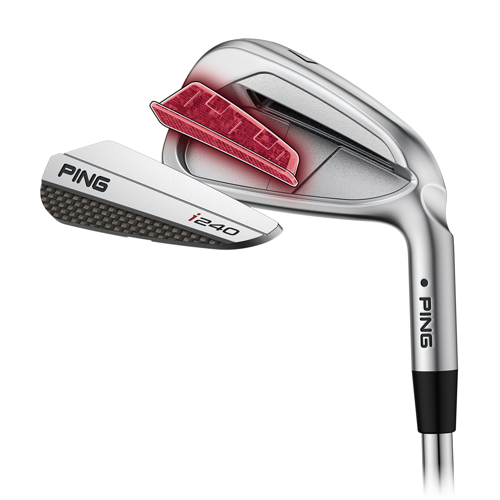 Exploded illustration highlighting the custom tuning port on the PING i240 iron