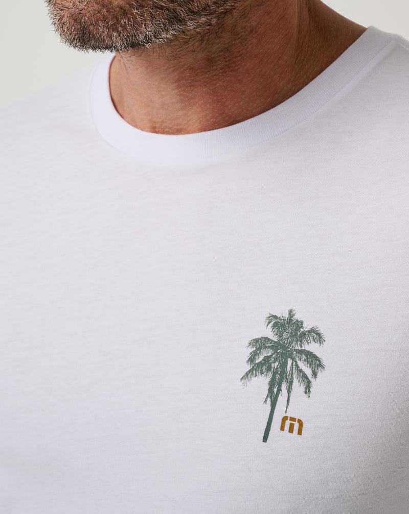 Travis Mathew Horizon Hideaway Tee white back graphic detail