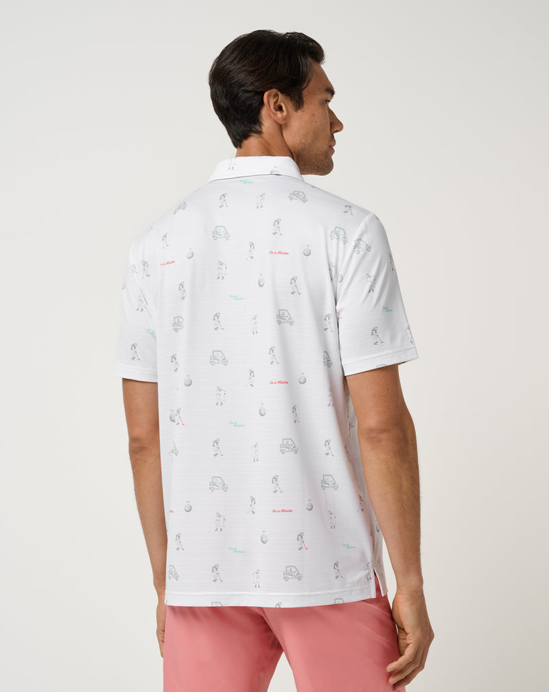 Travis Mathew On A Mission Polo – detail of striped perforation and astronaut graphic