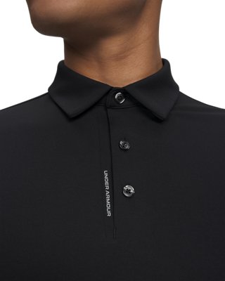 UA ArmourDry polo collar and placket detail showing structured collar stays and bonded placket