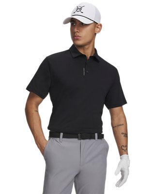 UA ArmourDry polo front view showing UA Helix Technology fabric