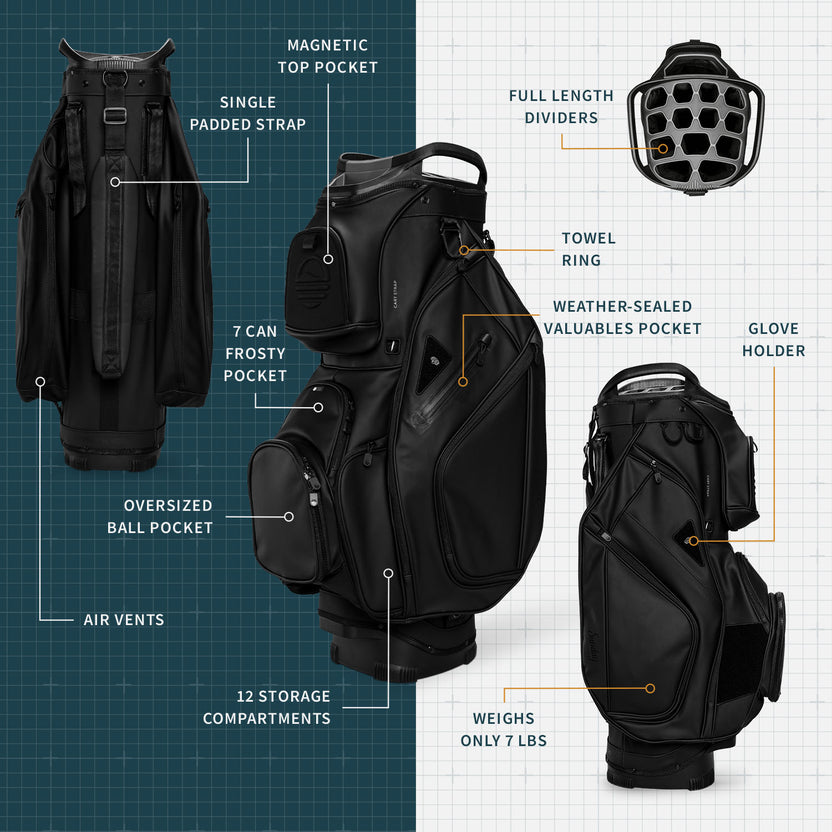 Big Rig S-Class black vegan leather cart bag with labelled key features