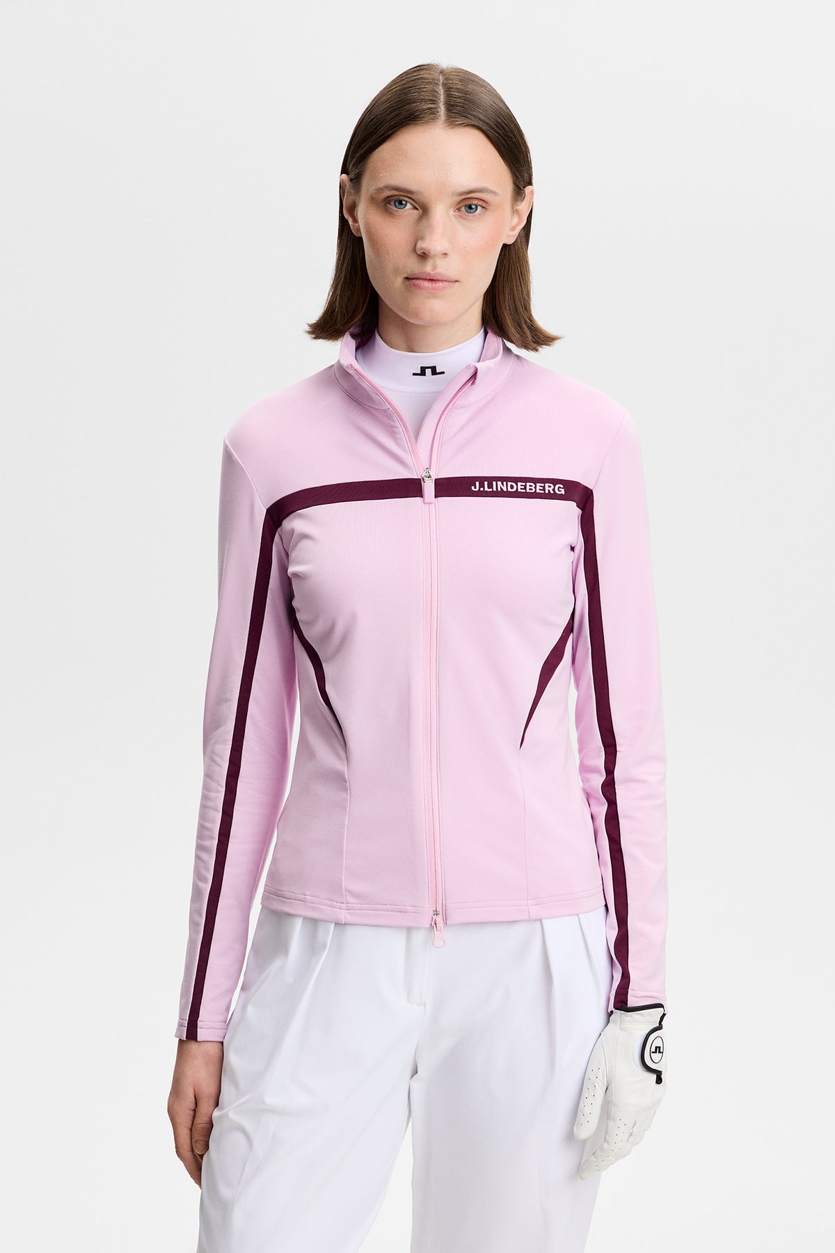 J.Lindeberg Janice Mid Layer Orchid Bouquet – front view showing Light Mid fabric and two-way zipper