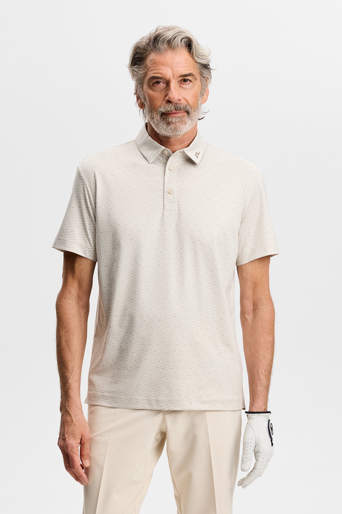 J.Lindeberg Tod Print Polo Bias Bridge Micro Moon Brindle – detail showing self-fabric collar and three-button placket