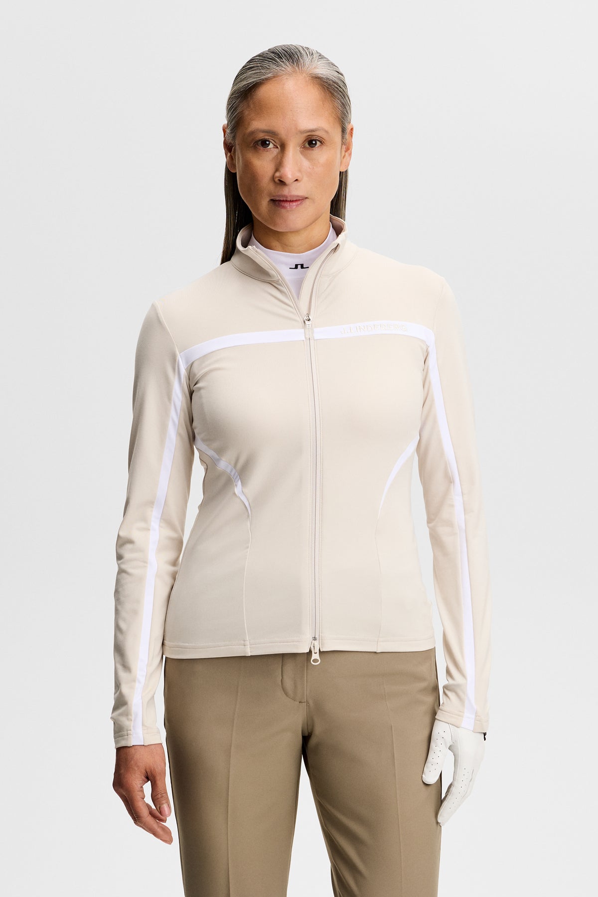J.Lindeberg Janice Mid Layer Moonbeam – front view showing Light Mid fabric and zipper detail
