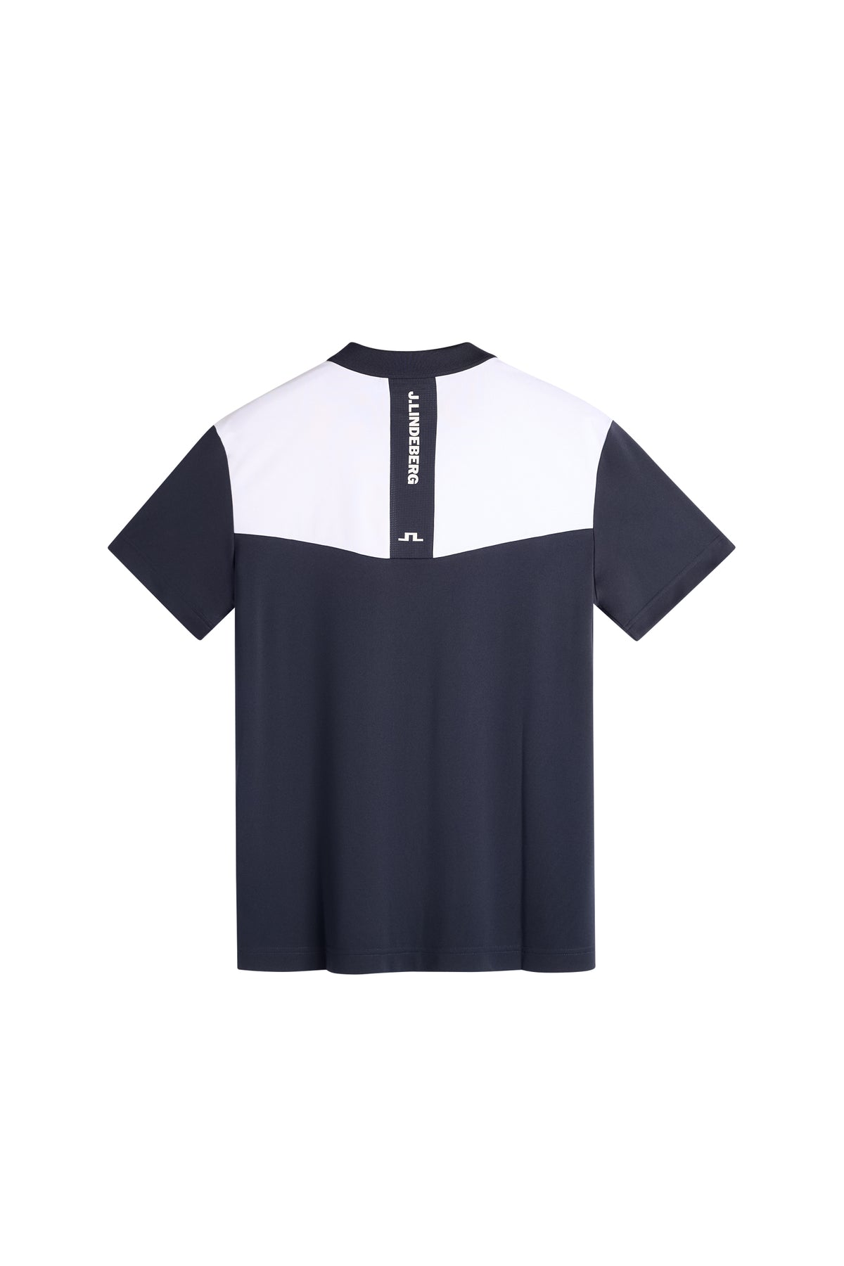 J.Lindeberg Calex Polo JL Navy – back view showing mesh insert panel with tonal J.Lindeberg print