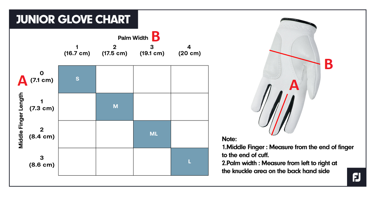 FootJoy FJ Junior glove size guide chart